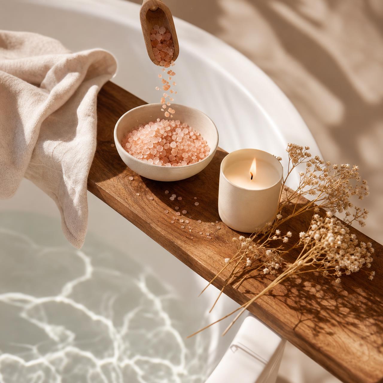 Pink Himalayan bath salts being scooped into a bowl on a wooden bath caddy